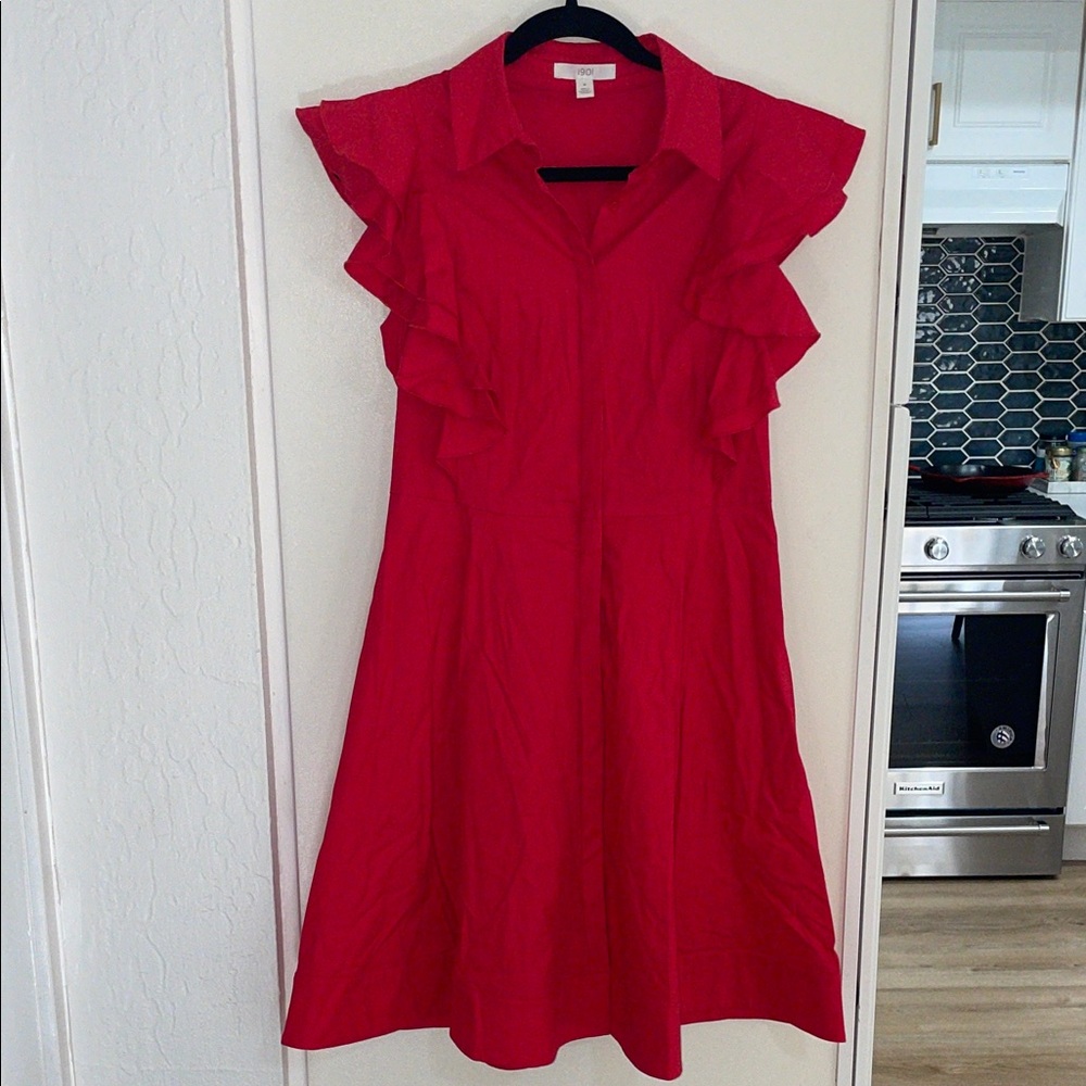 1901 Fit and Flare Vibrant Red Midi Dress with Ruffle Sleeves | 8